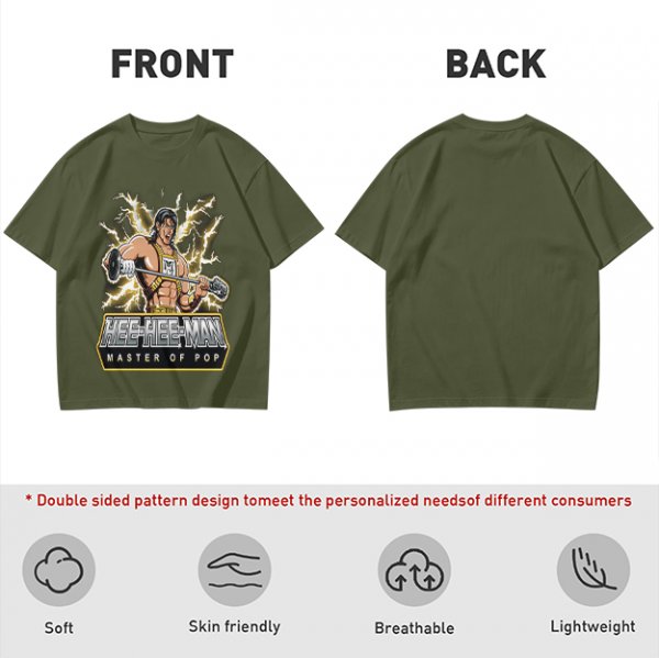 Olive T-shirt with Hee-Hee-Man Master of Pop Lifting Barbell Graphic