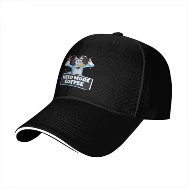 Black baseball cap with Bluey graphic and 'Need More Coffee' text