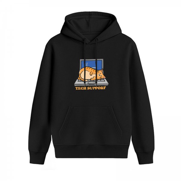 Black hoodie with a cat sleeping on a laptop and tech support text