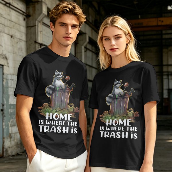 Olive t-shirt with raccoon in trash can and funny home quote