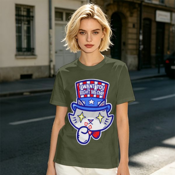 Olive T-Shirt With Patriotic Cat 'I Want You Right Meow' Print