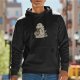 Black hoodie with cartoon dinosaur eating instant noodles graphic