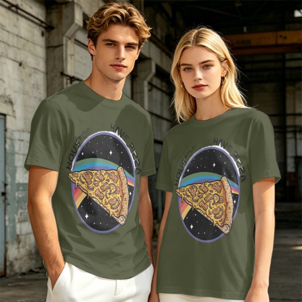 Olive t-shirt with space pizza graphic and Houston have pizza text