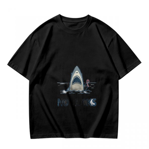 Olive T-shirt with Shark Holding Candy Cane and No Tricks Text