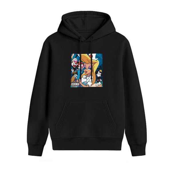 Black hoodie with Animaniacs nurse and characters graphic print