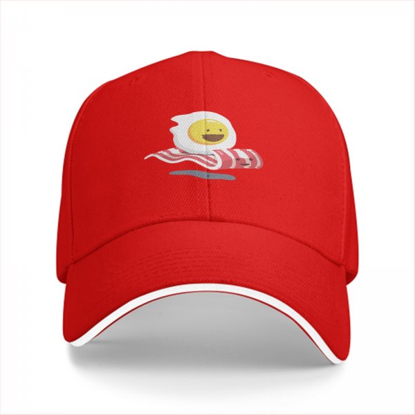 Black Baseball Cap with Smiling Fried Egg and Bacon Print