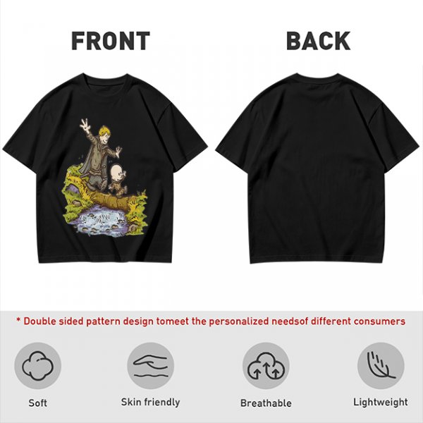 Olive T-shirt with fantasy characters balancing on a log over a stream