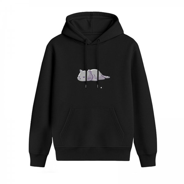 Black Hoodie with Lazy Sleeping Gray Cat Graphic