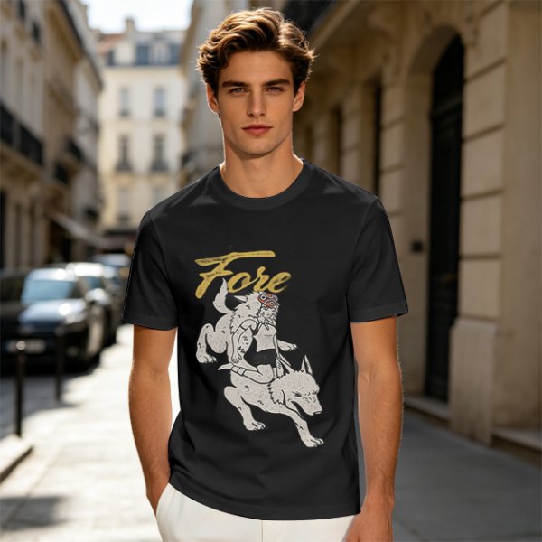 Olive graphic t-shirt with wolf rider and 'Fore' text print