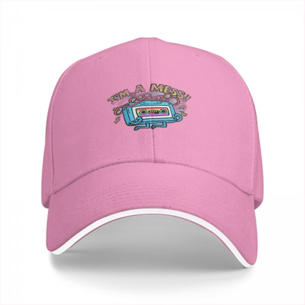 Black baseball cap with retro cassette tape 'I'm a Mess' graphic