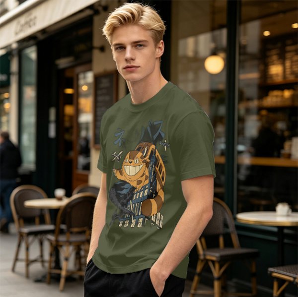 Olive T-shirt with giant cat bus monster and vintage planes graphic