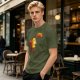 Olive T-Shirt Featuring a Relaxed Cat on a Chair with Fried Chicken Print