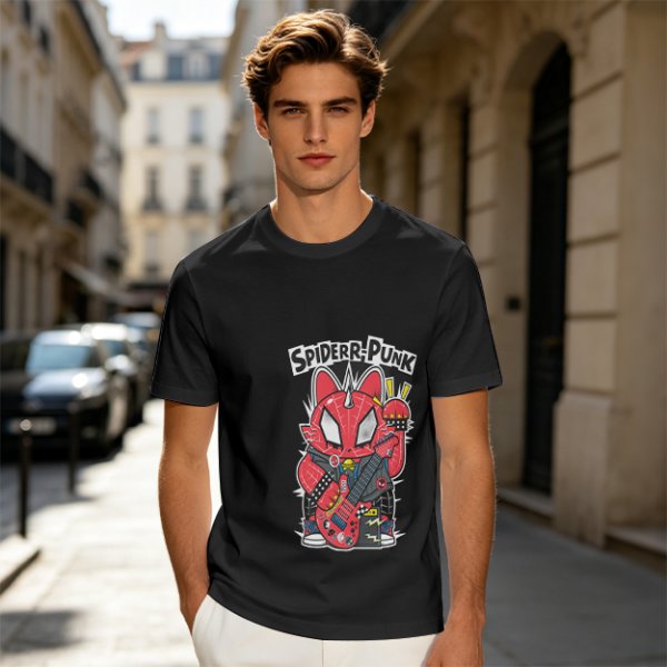 Olive T-shirt with Spider-Punk Cat Playing Guitar Graphic