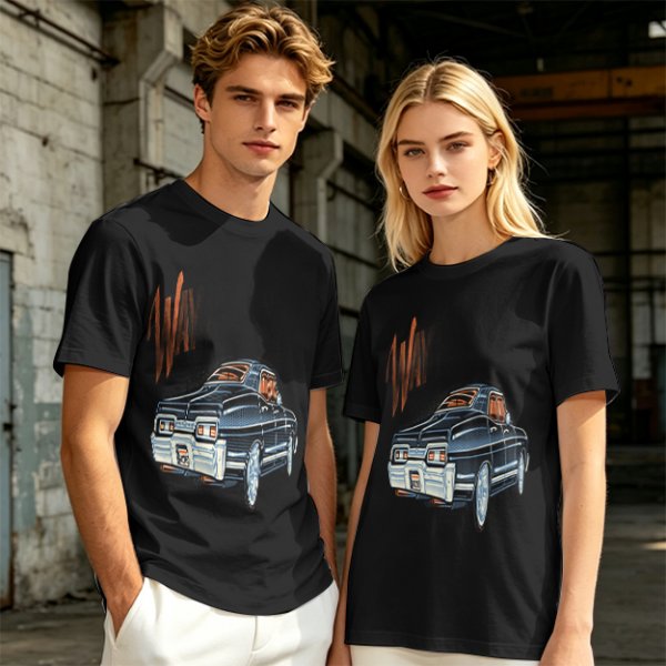 Olive Green Graphic T-Shirt with Classic Dark Car and Orange Text Print