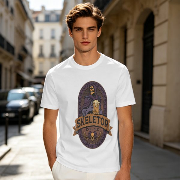 Olive green t-shirt with Skeletor Evil Ale beer graphic