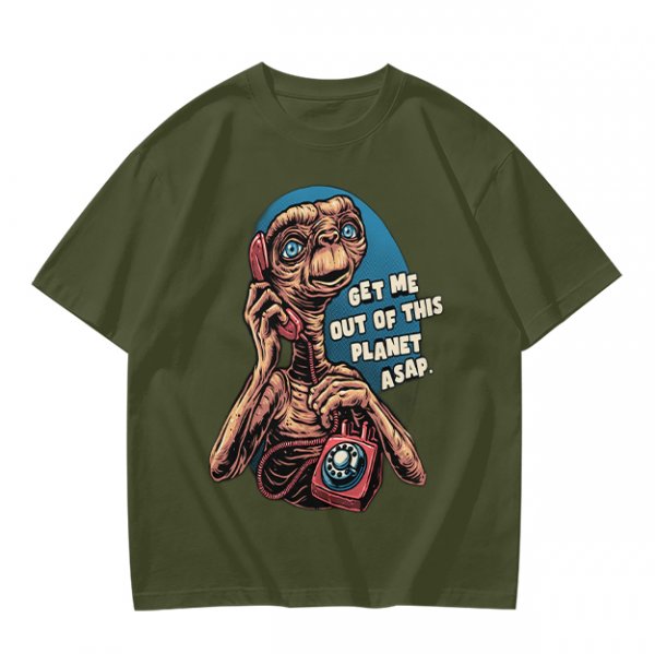 Olive t-shirt with E.T. 'Get Me Out Of This Planet ASAP' print