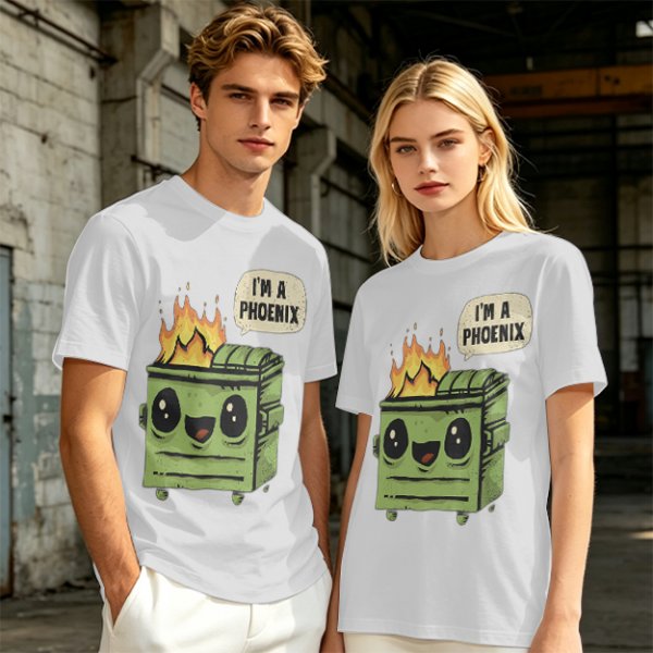 Olive green t-shirt with a cartoon dumpster on fire saying I'm a phoenix