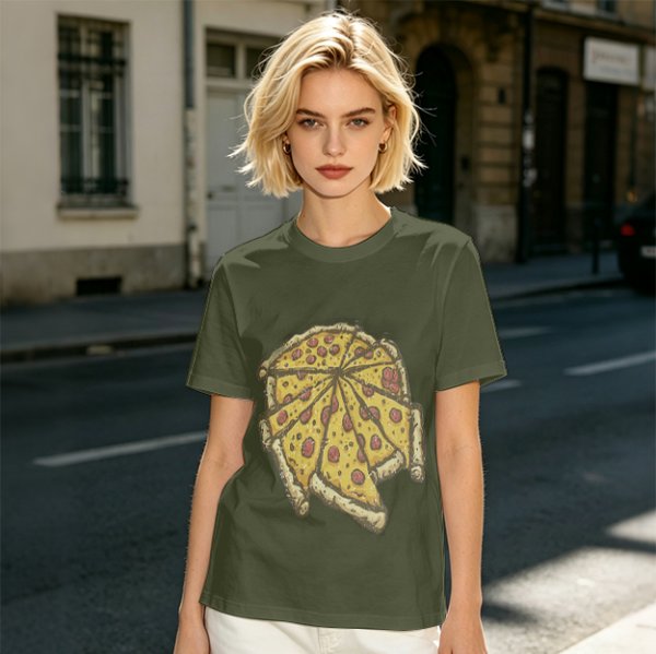 Olive Green T-Shirt With Pepperoni Pizza Slice Graphic