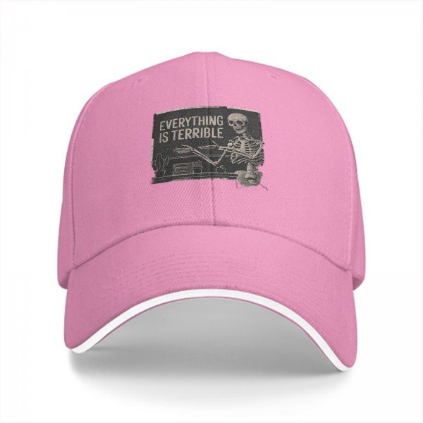 Black baseball cap with 'Everything is Terrible' skeleton graphic
