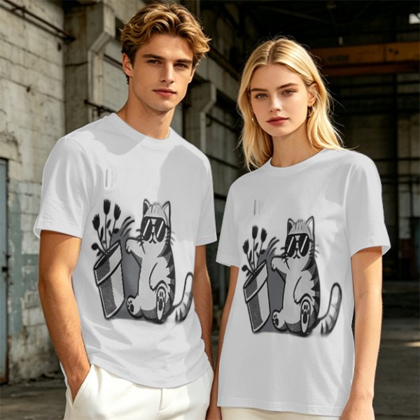 Olive T-Shirt With Cool Cat Wearing Sunglasses Knocking Over Potted Plant
