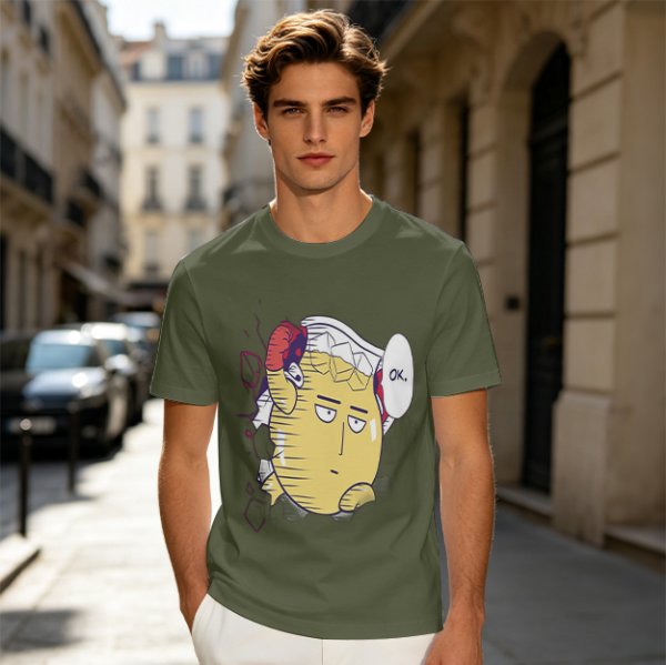 Oversized Olive T-Shirt with Saitama 'OK' Anime Graphic Print