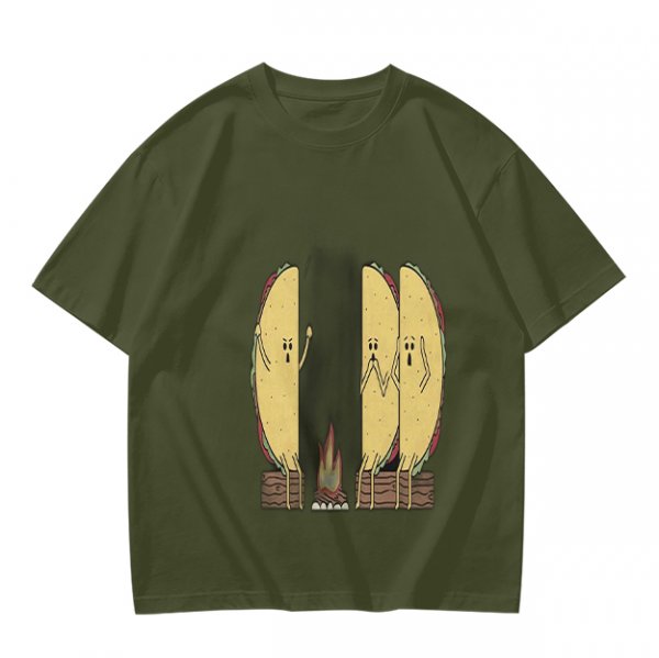 Olive T-Shirt With Funny Taco Characters Around A Campfire