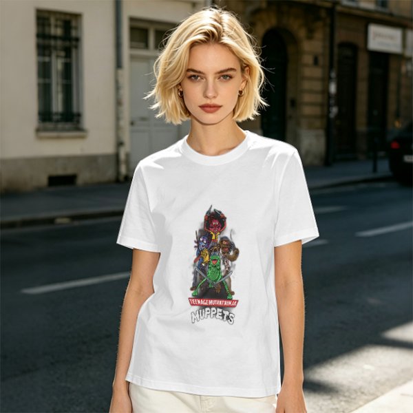 Olive T-Shirt with Teenage Mutant Ninja Muppets Graphic Print