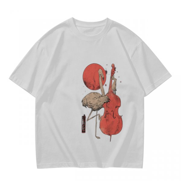 Olive T-Shirt With Crane Playing Cello Red Moon Art Print