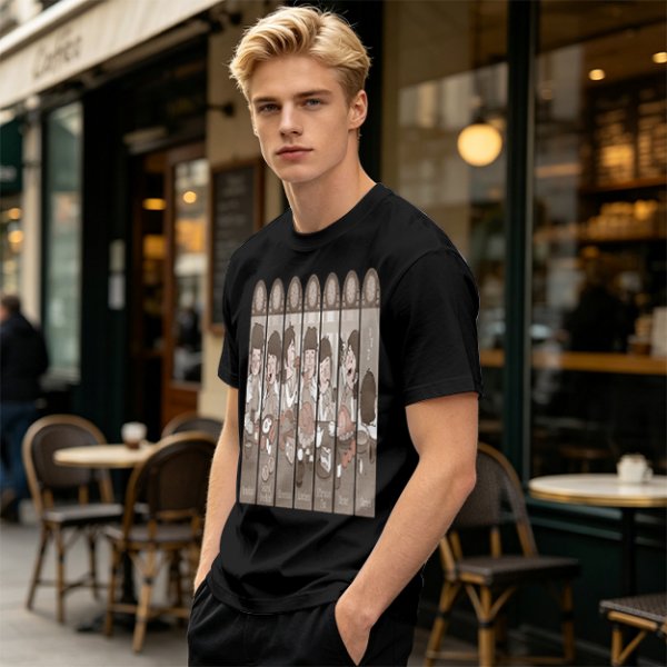 Olive Green T-Shirt with Cartoon Medieval Tavern Scene Print