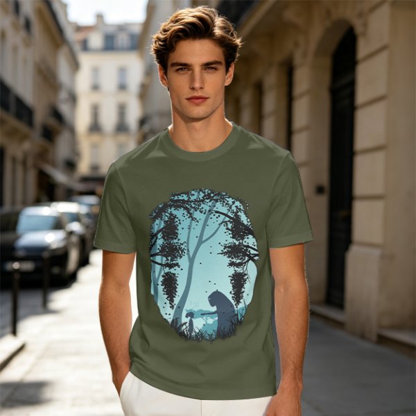 Olive T-Shirt With Silhouetted Forest Scene And Two Figures