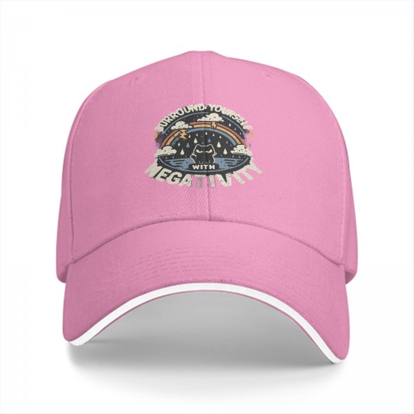 Black baseball cap with 'Surround Yourself With Negativity' graphic print