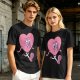 Oversized Olive T-Shirt with Retro Walking Pink Heart Cartoon Graphic