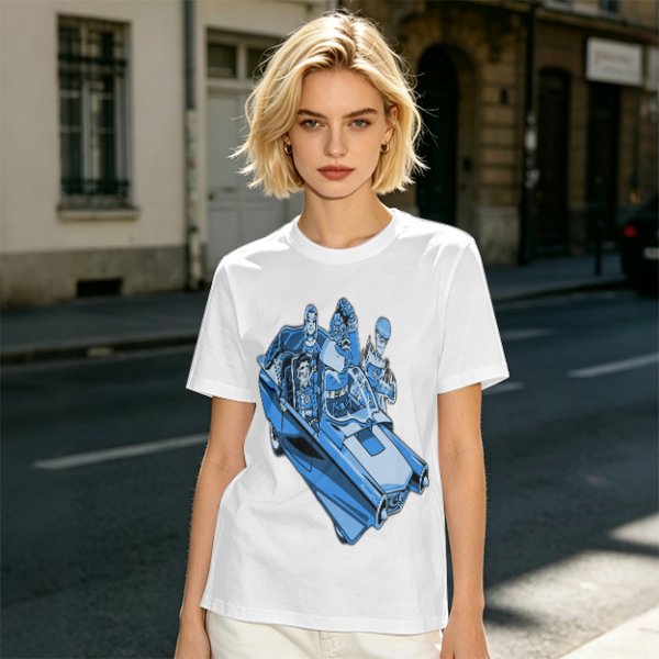 Olive T-shirt with retro blue cartoon car and characters graphic