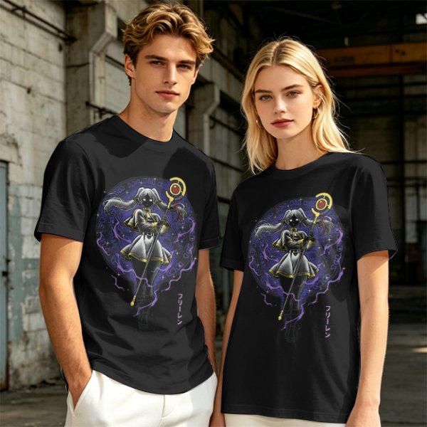 Olive T-shirt with dark anime elf mage holding staff and purple magic circle print
