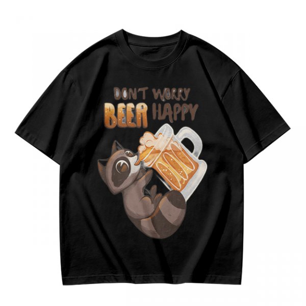 Oversized olive t-shirt with raccoon drinking beer graphic