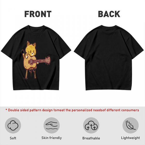 Olive T-shirt with Cute Orange Cat Playing Guitar Graphic