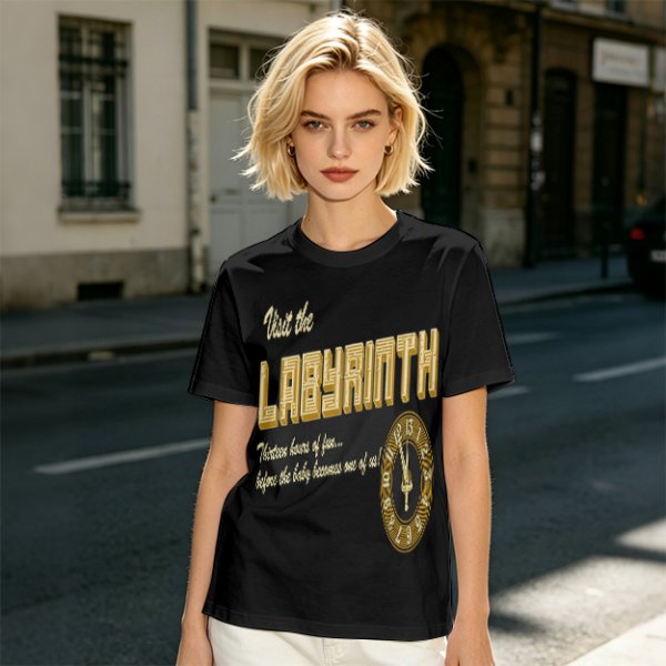 Visit the Labyrinth Themed Graphic Tee with Clock Design