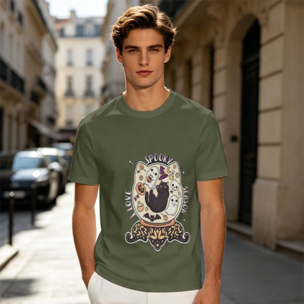 I Love Spooky Season Halloween Cat Ghost Graphic T-Shirt