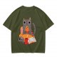 Olive T-Shirt With Cozy Cat Eating Pizza And Gaming Print