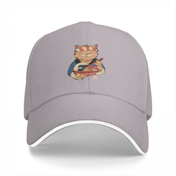 Black Baseball Cap with Japanese Ramen Chef Cat Graphic