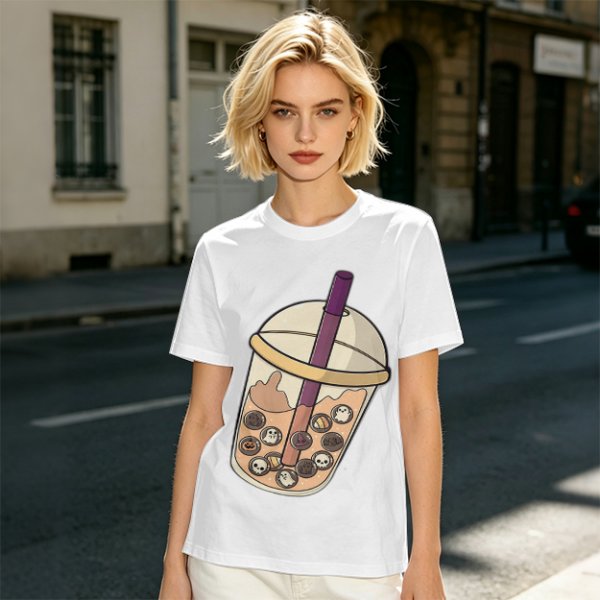 Olive T-Shirt With Halloween Themed Boba Tea Graphic