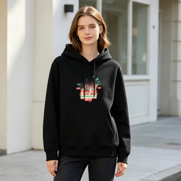 Black graphic hoodie with 'keeps the a-sad away' self care print