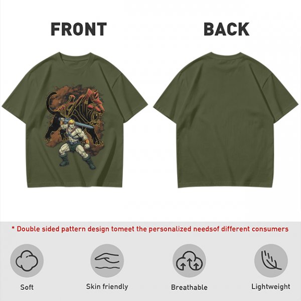 Olive T-shirt with He-Man and Battle Cat Graphic