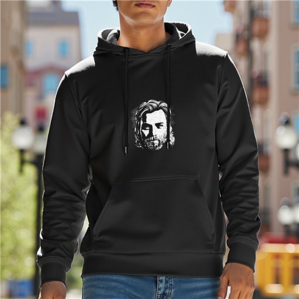 Black Hoodie With Bearded Man Portrait Graphic Print