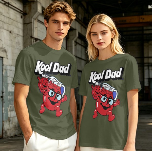 Olive green graphic t-shirt with Kool Dad and Kool-Aid mascot print