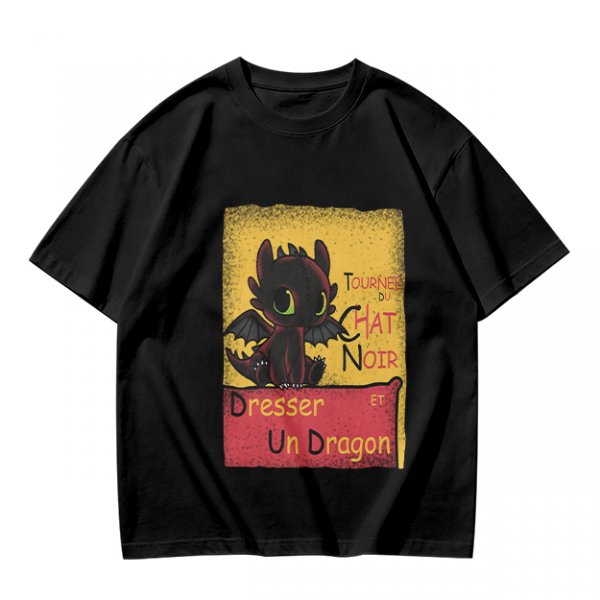 Olive t-shirt featuring Toothless dragon and Chat Noir themed text