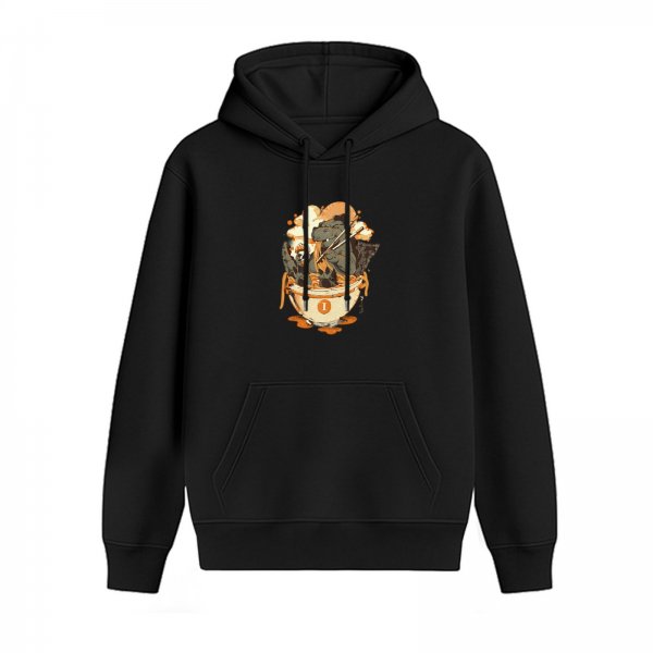 Black hoodie with a dinosaur in a ramen bowl graphic