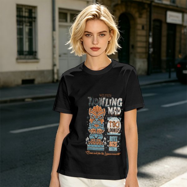 Olive t-shirt with Howling Mad Tiki Lounge graphic print