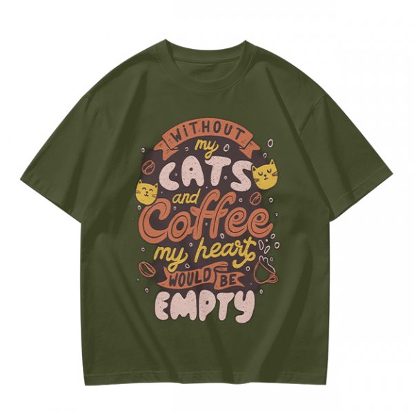 Olive graphic t-shirt with cats and coffee heart quote