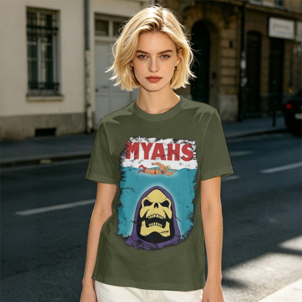 Olive Graphic T-Shirt with Skeletor Jaws Parody Art